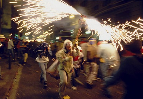 Fireworks at the Correfoc Fireworks Parade, Festa de la Merce, Barcelona, Catalonia, Spain