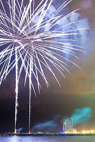 Fireworks at Barceloneta beach during Merce celebrations - Festes de la Merce, Barcelona, Spain