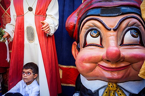 ©Lucas Vallecillos `Cabezudo' big headed figure during La Merce Festival, in Placa de Sant Jaume Barcelona Catalonia Spain