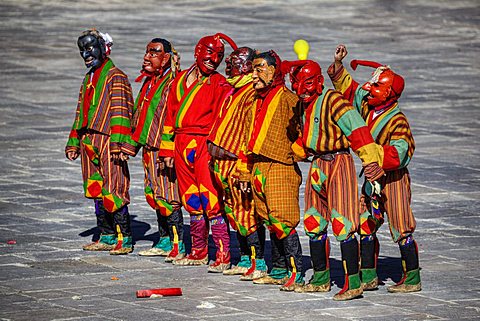 Jesters at the traditional Thimphu Tsechu Festival, Bhutan, Tashichho Dzong, Thimphu, Bhutan, Asia