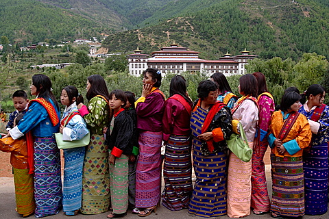 Pilgrims on queue to enter the religious tsechu festival, Thimphu, Bhutan