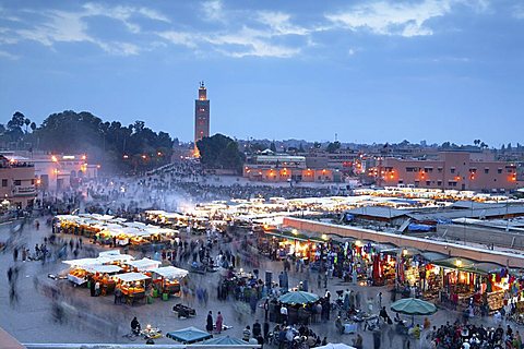 Djemma el Fna square and Koutoubia Mosque at dusk, Marrakech, Morrocco, North Africa, Africa