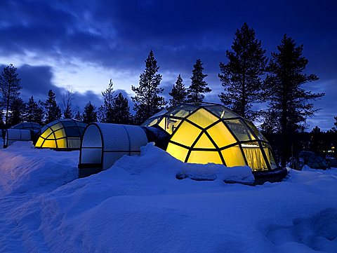 Glass Igloo at night, Hotel and Igloo Village, Kakslauttanen, located in the Saariselk fell area of Lapland, Finland, Scandinavia, Europe