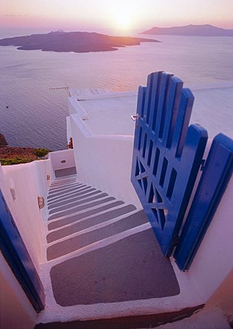 Gate and steps, Thira (Fira), Santorini, Cyclades Islands, Greece, Europe