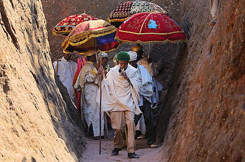 Ethiopia, Lalibela, Church of Bieta Giyorgis, Timkat festival, Departure of the Tabots  Every year on january 19, Timkat marks the Ethiopian Orthodox celebration of the Epiphany  The festival reenacts the baptism of Jesus in the Jordan River  Wrapped