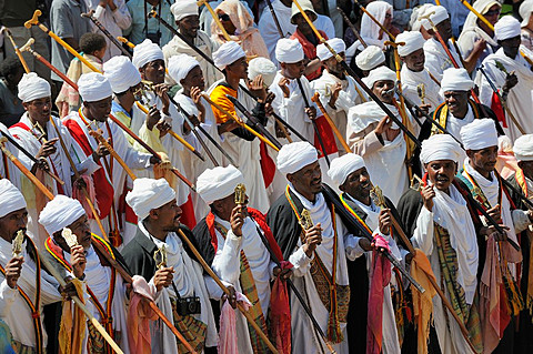 Ethiopia, Lalibela,Timkat festival, Singing dabtaras or choristers   Every year on january 19, Timkat marks the Ethiopian Orthodox celebration of the Epiphany  The festival reenacts the baptism of Jesus in the Jordan River  Wrapped in rich cloth, the