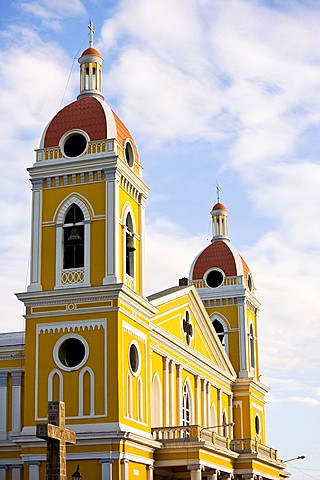 Facade of yellow neoclassical style Cathedral of Granada, Nicaragua