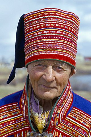 Sami man (Lapplander) in Kautokeino costume, Finnmark, Arctic Norway, Norway, Scandinavia, Europe