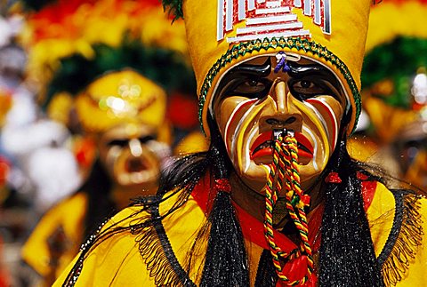 Portrait of a Tobas warrior during carnival called The Devil Dance (La Diablada), Oruro, Bolivia, South America