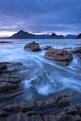 The Black Cuillin mountains from the rocky shores of Elgol, Isle of Skye, Scotland. Winter (December) 2013.