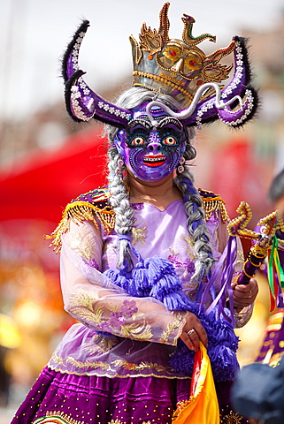 Female Carnival dancer, Oruro Carnival procession parade, Oruro, Bolivia, South America