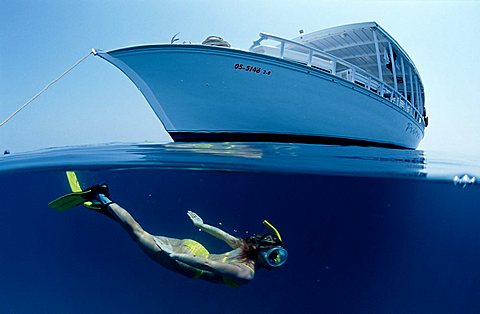 snorkeling near a yacht, split image, Maldives Island, Indian Ocean, Ari Atol, Maayafushi