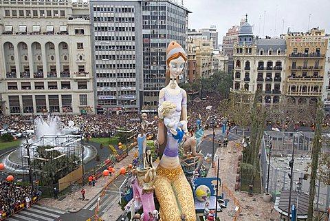 Falla monument in Plaza del Ayuntamiento during the annual Las Fallas festival in Valencia, Spain, Europe