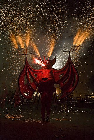Cabalgata del Fuego, the Fire Parade, during the annual Las Fallas festival, Valencia, Spain, Europe