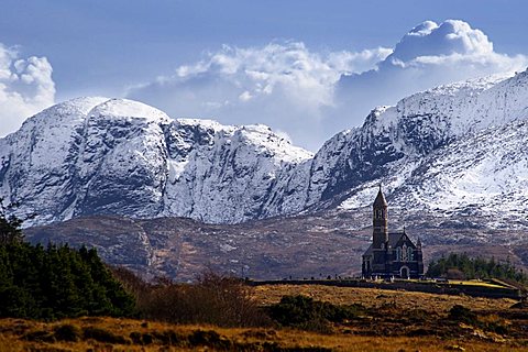 Dunlewey church with the Derryveagh mountains behind in Donegal, Dunlewey Roman Catholic Church, County Donegal, Ireland