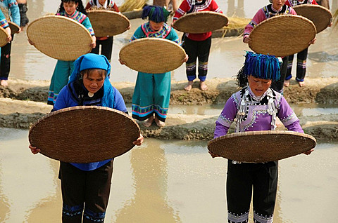 Hani Akha women sifting rice at a festival in Yuanyang China