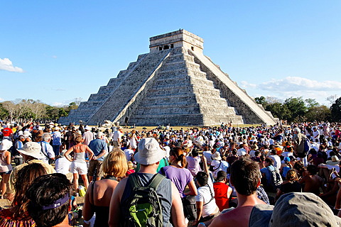 People from all over the world witness spring equinox with its famous shadowplay at the Mayan Kukulkan pyramid at Chichen Itza, Yucatan, Mexico