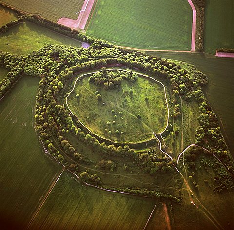 Aerial image of Danebury Ring, an Iron Age hill fort, Wiltshire, England, United Kingdom, Europe