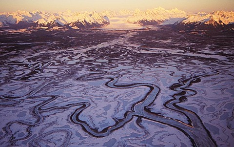 Alaska, Aerial of Chugach Mountains and Copper River Delta.