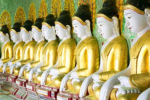 Some of the 45 Buddha images found at a crescent-shaped colonnade at Umin Thounzeh on Sagaing Hill, near Mandalay, Myanmar (Burma), Asia