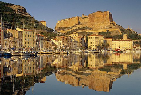 Yachts moored in the harbour, with the citadel behind, Bonifacio, Corsica, (France)
