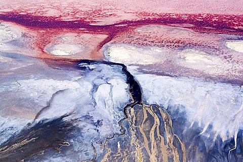 This is a colorful river delta in saline Lake Natron, Rift Valley, Africa, Tanzania, Rift Valley, Lake Natron