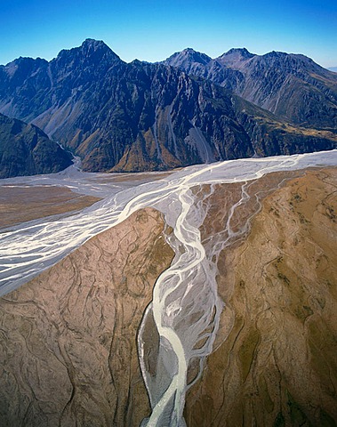 Aerial view on Hooker River valley, Mount Cook National Park, South Island, New Zealand
