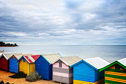 A back view of the famous bathing huts on Brighton Beach, Melbourne, Australia, on a soft light day.