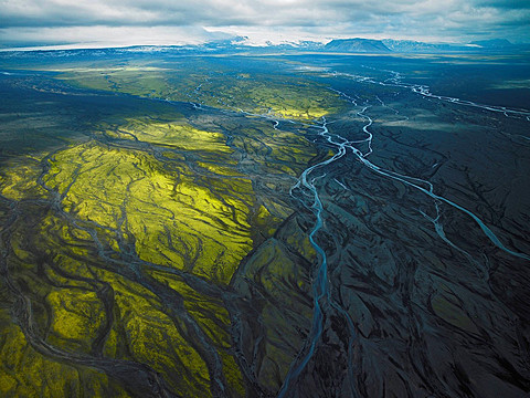 Aerial view of glacial river near Myrdalsjokull, Iceland