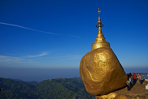 Monk and pilgrims, Kyaiktiyo Golden Rock, Mon State, Myanmar (Burma), Asia