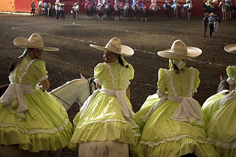 Amazonas at an Escaramuza competition in Mexico City, May 24, 2008. Escaramuzas are similar to US rodeos, where female competitors called "Amazonas" wear long skirts, and ride side saddle. Male rodeo competitors are "Charros," from which comes the word "Ch