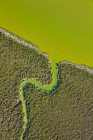 aerial view Rio Tinto red river reddish hue due to iron copper and sulfur dissolved in the water habitat with extreme conditions for life forms Andalusia