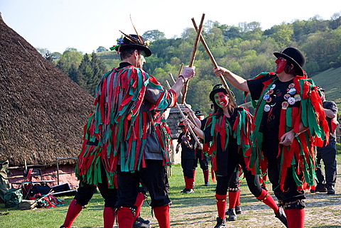 Morris dancers, Beltane Wickerman celebrations at Butser Ancient Farm, Hampshire, England, United Kingdom, Europe