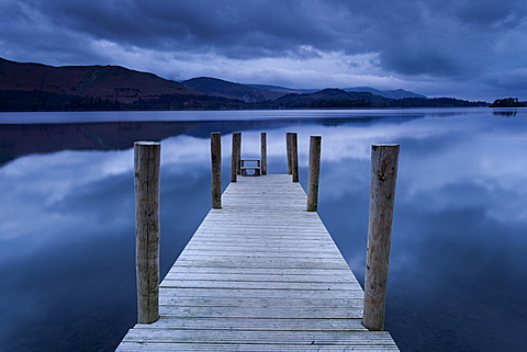 Dawn at Ashness Landing jetty on Derwentwater, Keswick, Lake District National Park, Cumbria, England, United Kingdom, Europe