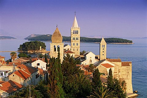 Medieval Rab Bell Towers and elevated view of the town, Rab Town, Rab Island, Dalmatia, Dalmatian coast, Croatia, Europe