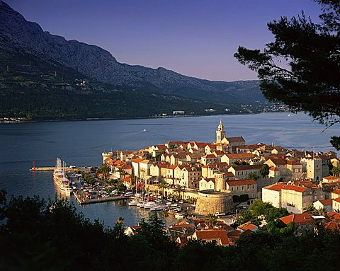 Elevated view of Korcula Town, Old Town of Korcula, Korcula Island, Dalmatia, Dalmatian coast, Croatia, Europe