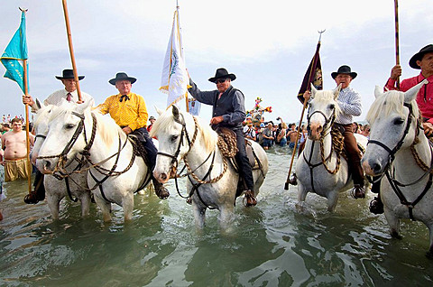 Procession during annual gipsy pilgrimage at Saintes-Maries-de-la-Mer, Camargue, France