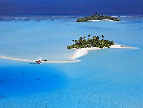 Aerial view of desert island with seaplane, South Male atoll, Maldives, Indian Ocean, Asia