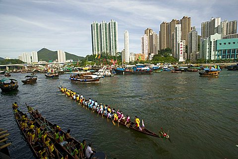 Dragon boat racing during Dragon Boat Festival, Ap Lei Chau, Hong Kong, China