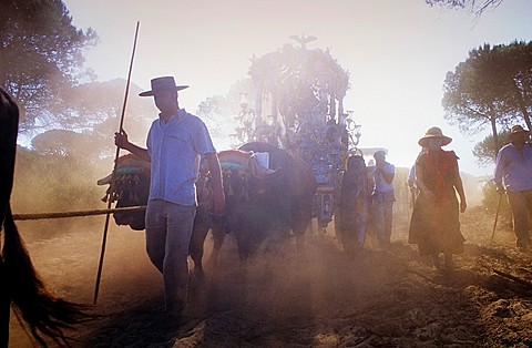 Pilgrims in El Cerro del Trigo,Romeria del Rocio, pilgrims on their way through the Donana National Park, pilgrimage of Sanl√∫car de Barrameda brotherhood, to El Rocio, Almonte, Huelva province, Andalucia