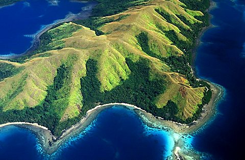 Aerial view of penninsula with fringing reef near Savusavu on the south coast of Vanua Levu, Fiji