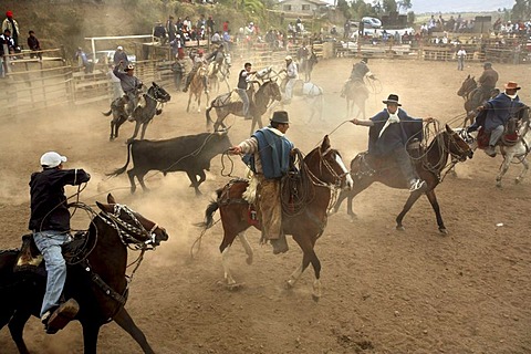 Men on horses in the Fiestas of Inti Raymi in northern Ecuador.