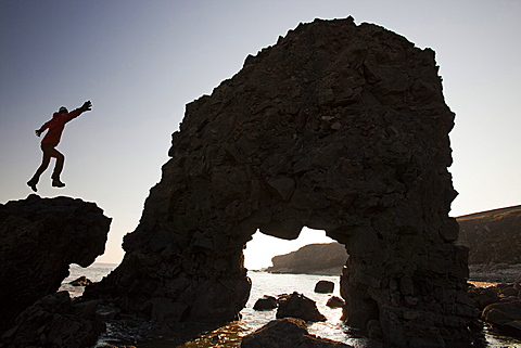 Sea stacks and sea arch on the North East coast at Whitburn between Newcastle and Sunderland, Tyne and Wear, England, United Kingdom, Europe