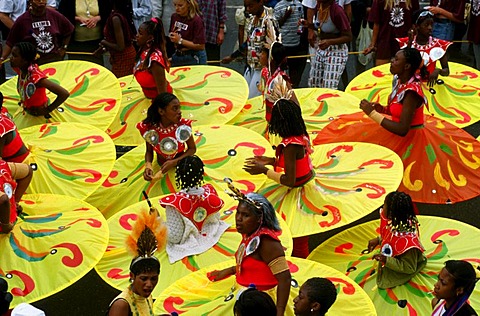 People with carnival outfits, Carribean carnival, Notting Hill, London, England