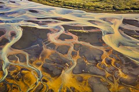 Minerals in glacial stream, aerial view, Iceland