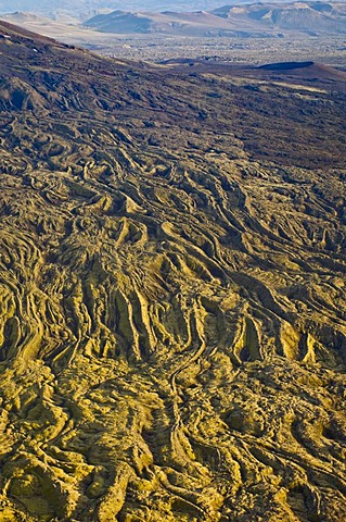 Lichen-covered lava flows, (aerial), Landmannalaugar, Iceland