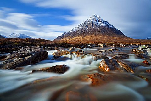 Buachaille Etive Mor and the River Coupall at the head of Glen Etive, Glen Coe end of Rannoch Moor, The Scottish Highlands, Scotland, UK, GB, EU, Europe, (long exposure)