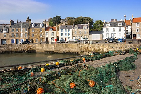 Drying nets by the harbour at Pittenweem, Fife, Scotland, United Kingdom, Europe