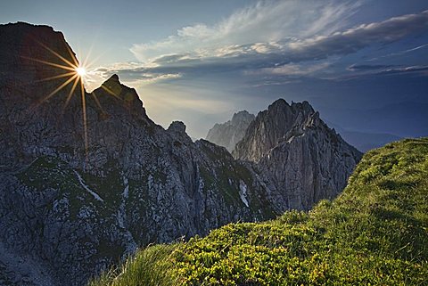 Summit of the Mangrt Pass at sunset, border between Slovenia and Italy, Europe