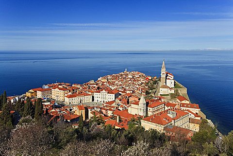 Elevated view of Piran from the castle walls, Piran, Primorska, Adriatic Coast, Slovenia, Europe
